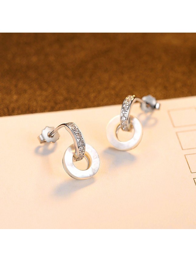 Classic Round Shell Circle CZ 925 Sterling Silver Stud Earrings