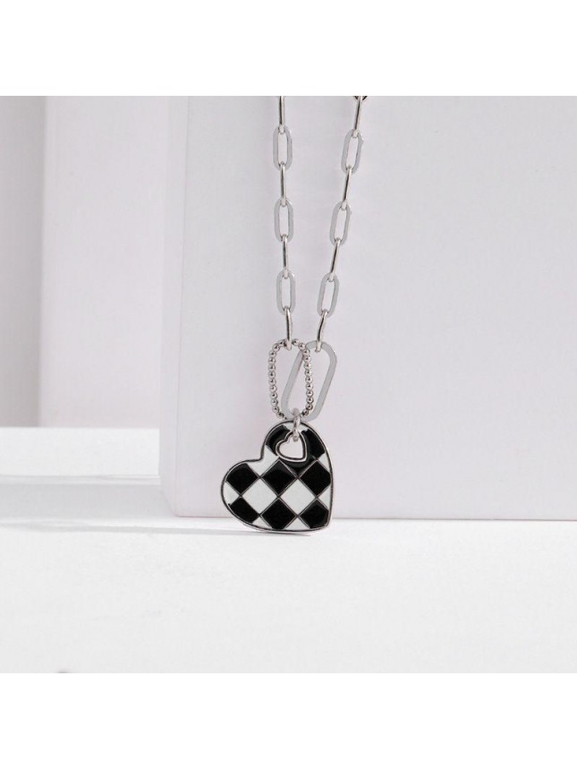 Women Chessboard Heart Hollow Chain 925 Sterling Silver Necklace