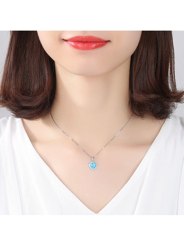 Girl Heart Created Opal CZ 925 Sterling Silver Necklace