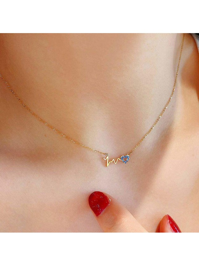 Women Blue CZ Heart Wave 925 Sterling Silver Necklace