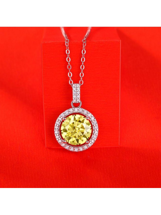 Fashion Yellow Moissanite CZ Round 925 Sterling Silver Necklace