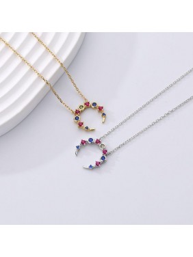 Masculine Colorful CZ Crescent Moon 925 Sterling Silver Necklace