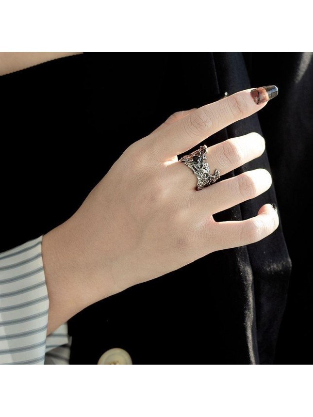Vintage Irregular Black CZ Fashion 925 Sterling Silver Adjustable Ring