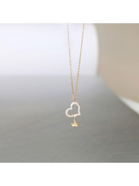Honey Moon CZ Hollow Heart Crown 925 Sterling Silver Necklace