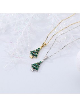 Holiday Gift Colorful CZ Green Christmas Tree 925 Sterling Silver Necklace