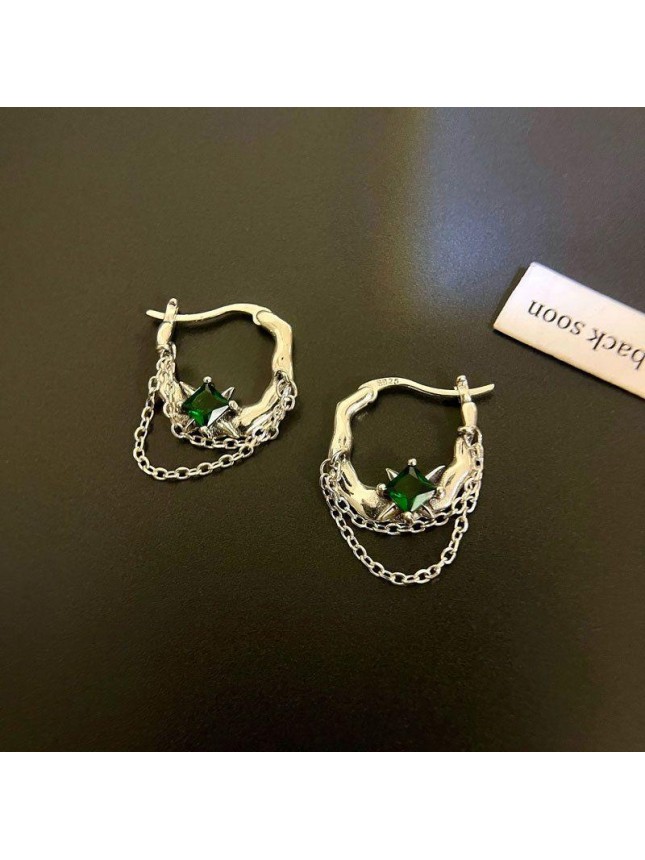 Vintage Green Square CZ Tassels 925 Sterling Silver Hoop Earrings