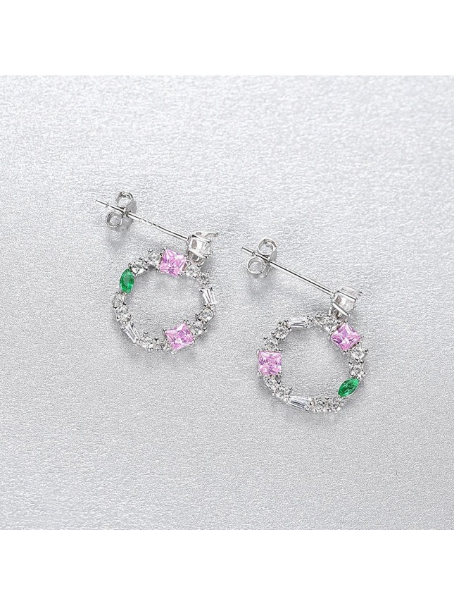 New Pink Green CZ Cube CZ Circle 925 Sterling Silver Stud Earrings