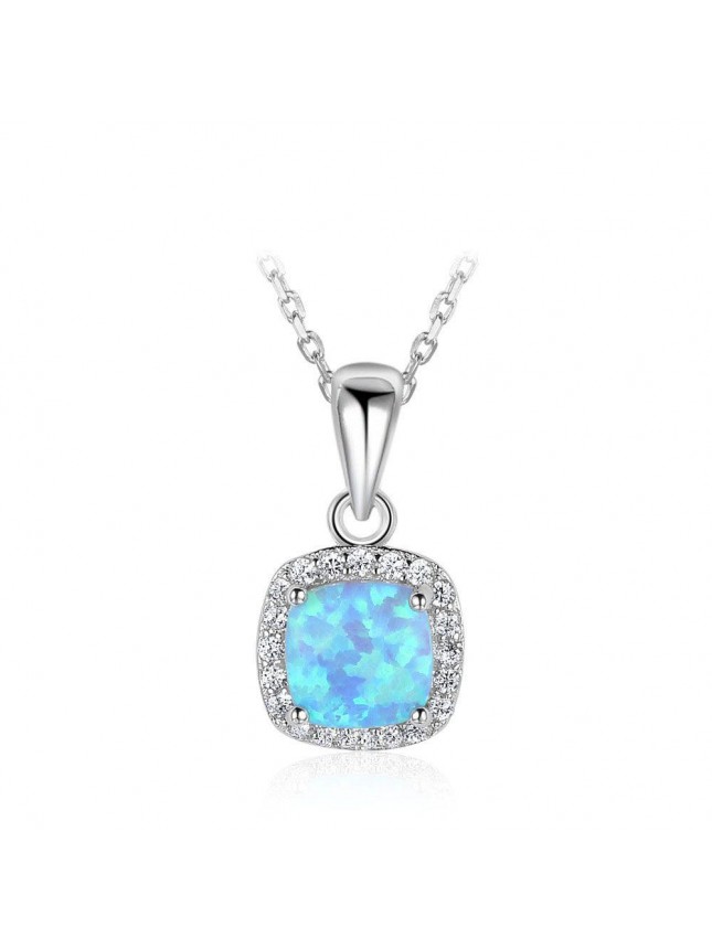 Simple Square Blue Created Opal 925 Silver CZ Necklace