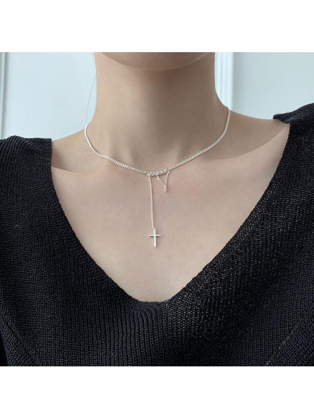 Fashion Cross Tassel Curb Chain 925 Sterling Silver Necklace