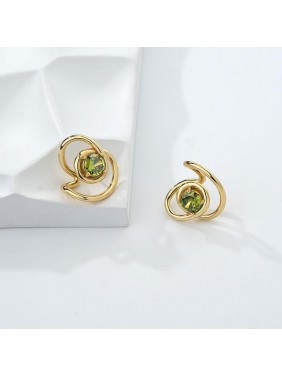 Fashion Round Green CZ Irregular Lines Winding 925 Sterling Silver Stud Earrings