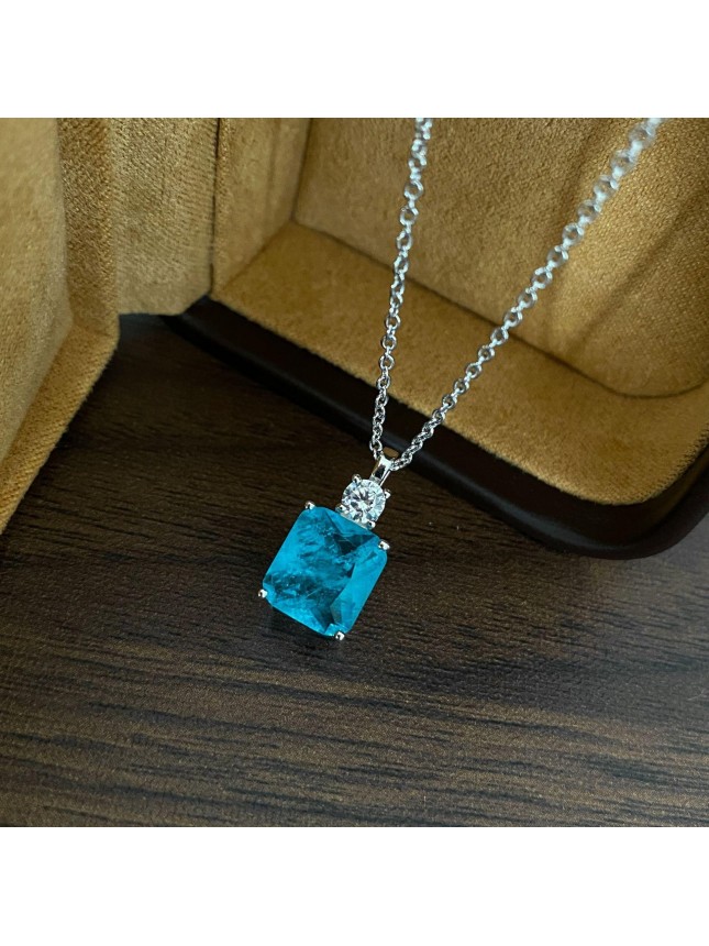 Geometry Baguette Blue Created Tourmaline CZ 925 Sterling Silver Necklace