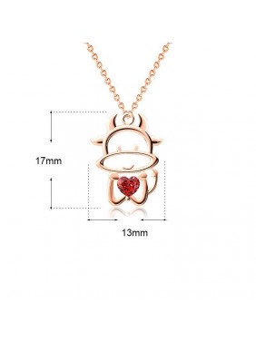 Cute Red CZ Hollow Chinese Zodiac Cattle 925 Sterling Silver Necklace