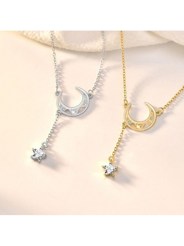 Sweet CZ Hollow Crescent Moon Stars Tassels 925 Sterling Silver Necklace