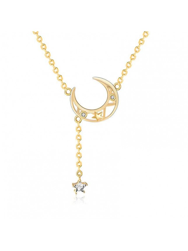 Sweet CZ Hollow Crescent Moon Stars Tassels 925 Sterling Silver Necklace