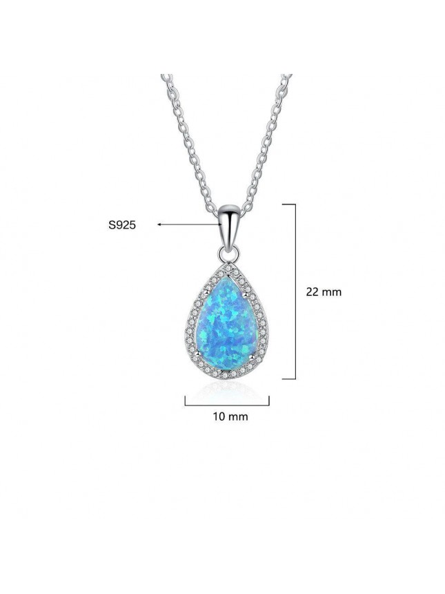 Sweet Waterdrop Blue Created Opal CZ 925 Silver Necklace