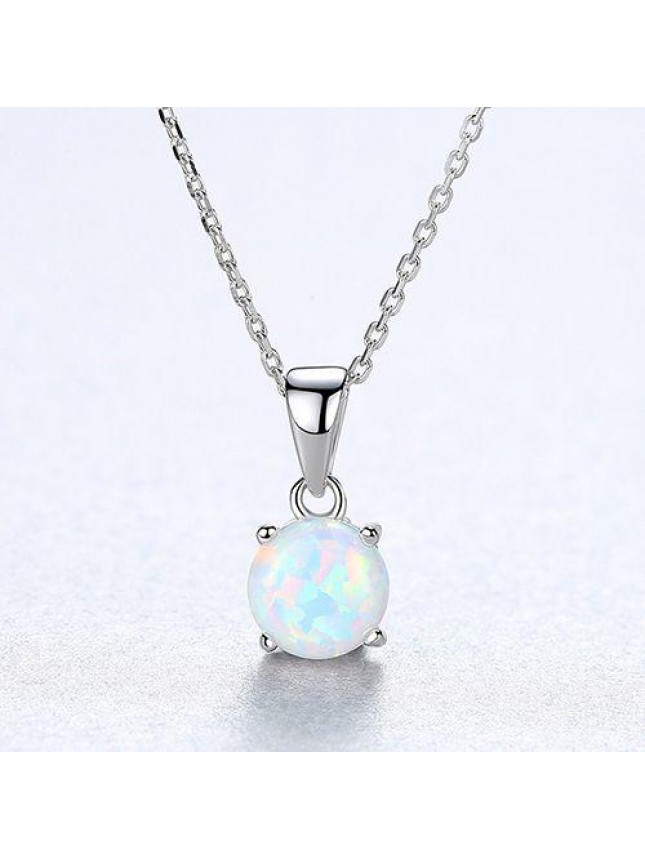 Elegant Round Created Opal 925 Sterling Silver Necklace