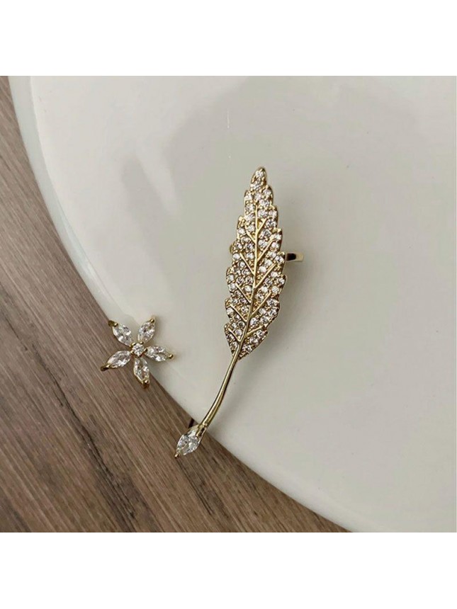Asymmetry CZ Flower Leaf 925 Sterling Silver Non-Pierced Earrings
