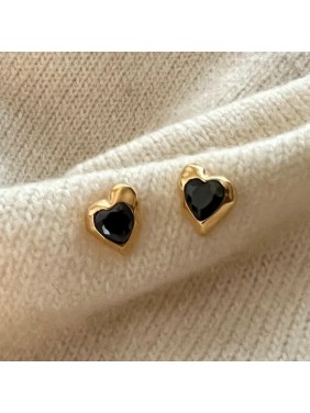 Party Black CZ Heart 925 Sterling Silver Stud Earrings