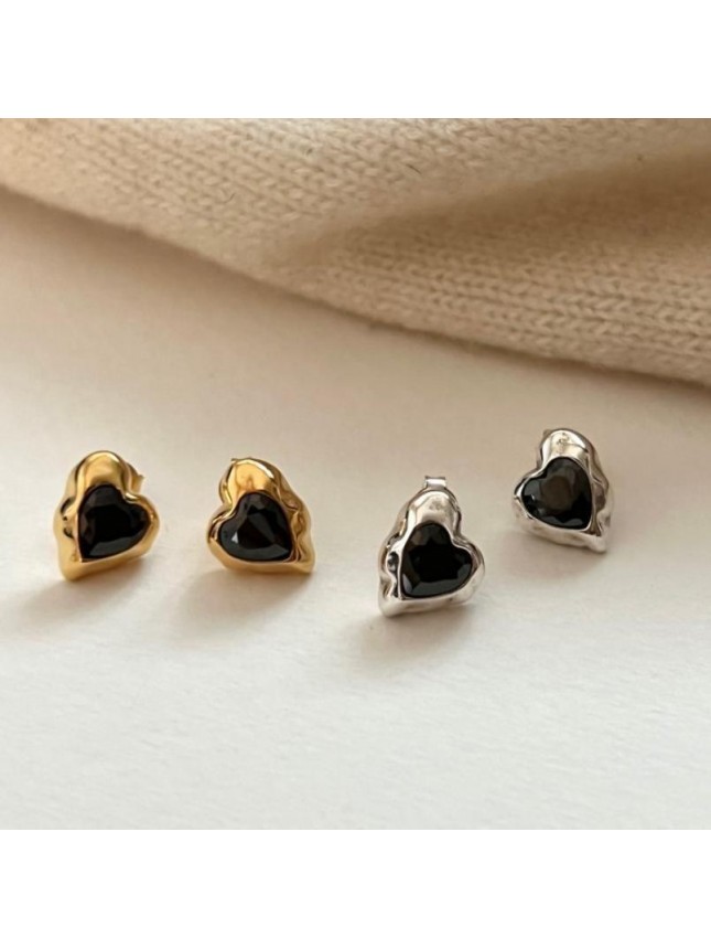 Party Black CZ Heart 925 Sterling Silver Stud Earrings