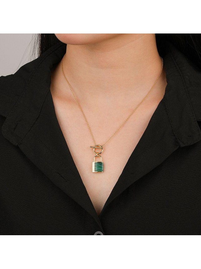 Gift Natural Malachite Agate Lock 925 Sterling Silver Necklace