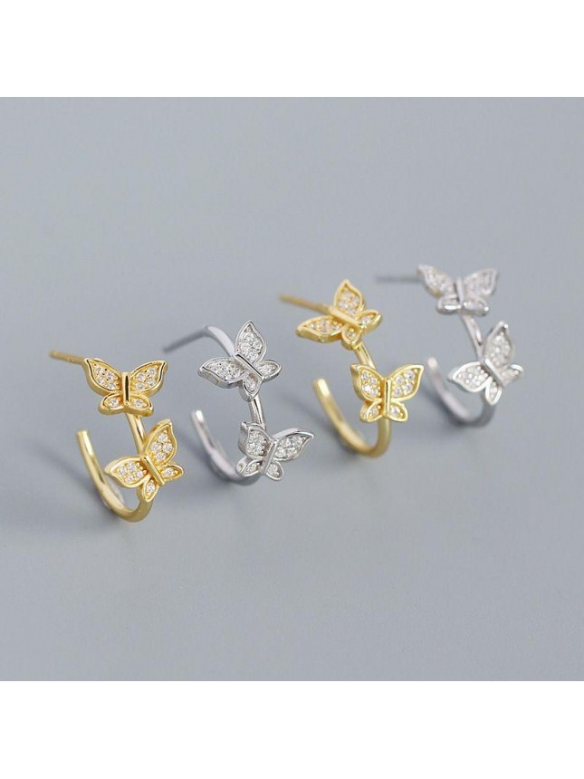 Girl Two Flying CZ Butterflies 925 Sterling Silver Stud Earrings