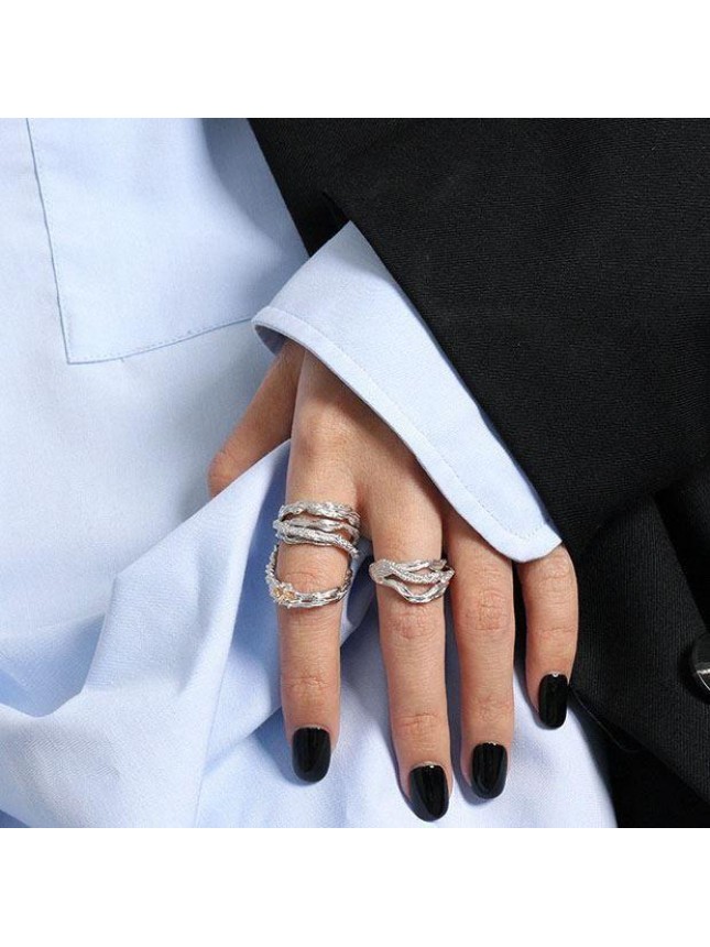 Fashion Wide Multi Layer Irregular 925 Sterling Silver Adjustable Ring