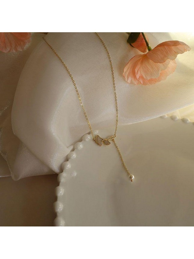 Party CZ Ginkgo Leaf Shell Pearl Tassel 925 Sterling Silver Necklace