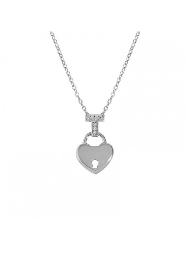 Anniversary Letter T Shape CZ Heart Lock 925 Sterling Silver Necklace