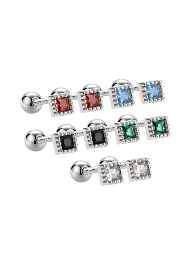 Cute Mini Beads Border Square CZ 925 Sterling Silver Stud Earrings