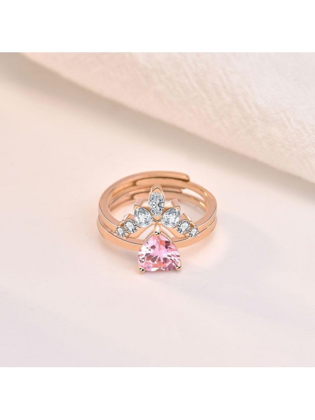 Bridesmaid CZ Heart Crown 925 Sterling Silver Adjustable Stacker Ring