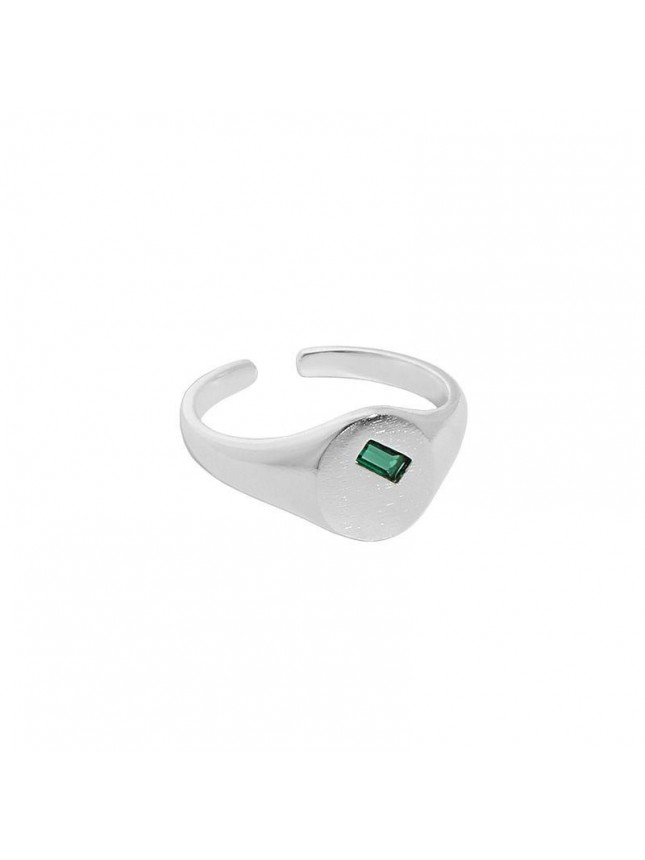 Geometry Green Rectangle CZ Round 925 Sterling Silver Adjustable Ring