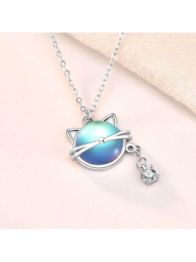 Cute Natural Moonstone Cat CZ 925 Sterling Silver Necklace