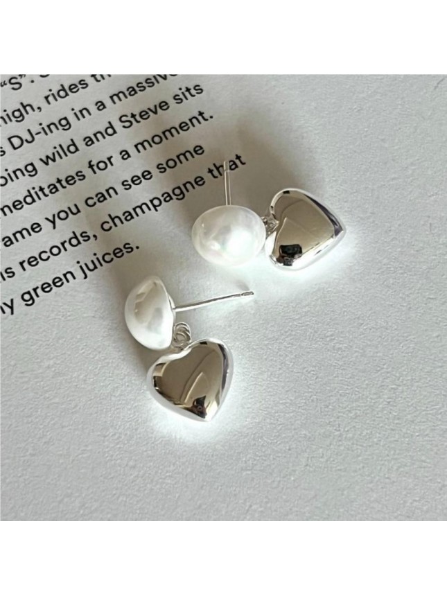Women Love Heart Shell Pearl 925 Sterling Silver Dangling Earrings