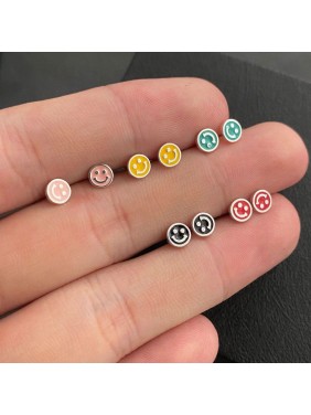 Cute Mini Colorful Round Smile Face 925 Sterling Silver Stud Earrings