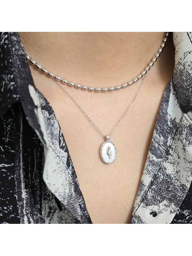 Shell Oval Tulips Flower 925 Sterling Silver Necklace