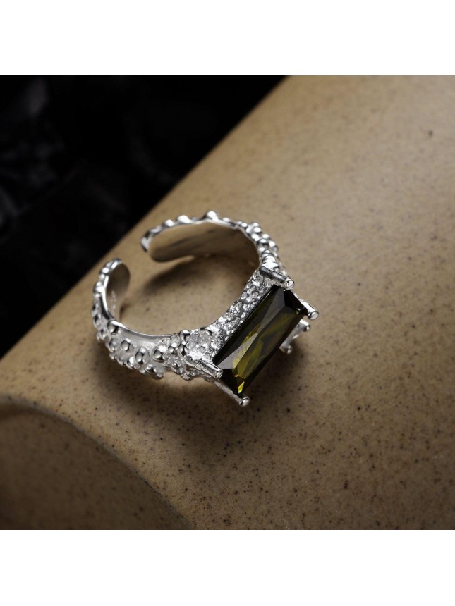 Geometry Olive Green Rectangle CZ 925 Sterling Silver Adjustable Ring