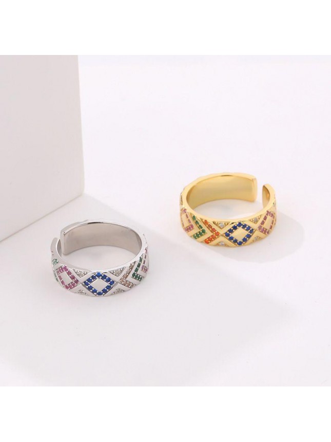 Fashion Colorful CZ Geometry Lines Cross 925 Sterling Silver Adjusatble Ring