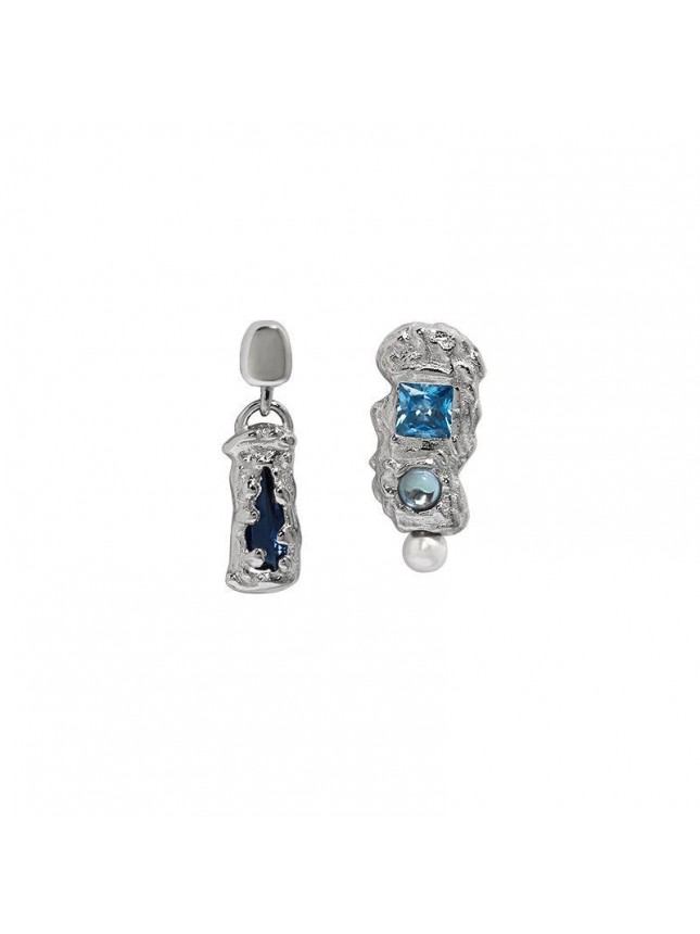 Asymmetry Blue CZ Irregular 925 Sterling Silver Stud Earrings
