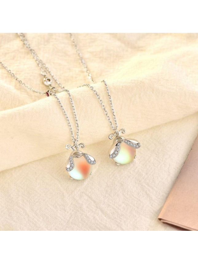 Cute Natural Moonstone Glowworm CZ 925 Sterling Silver Necklace