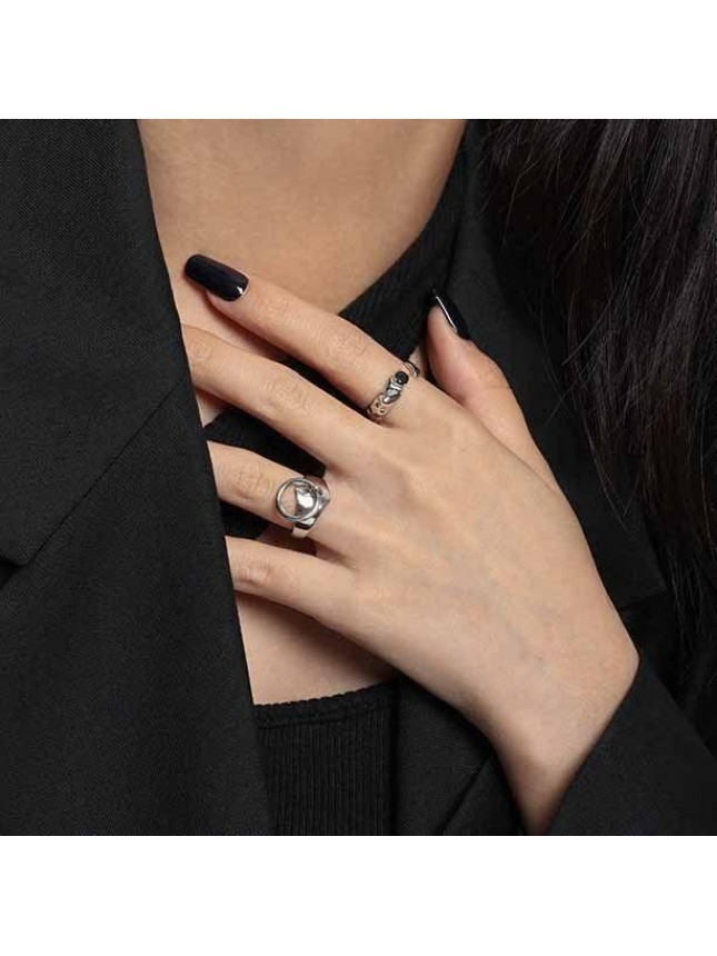 Black CZ Irregular Fashion 925 Sterling Silver Adjustable Ring