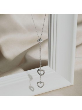 Anniversary Double CZ Heart Tassels 925 Sterling Silver Necklace