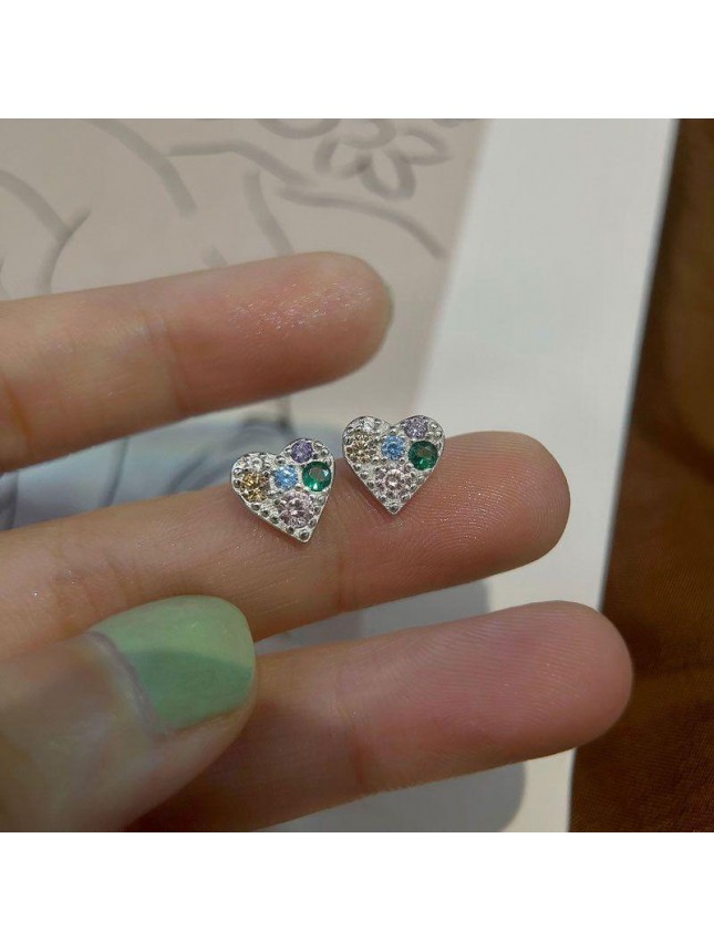 Anniversary Colorful CZ Heart 925 Sterling Silver Stud Earrings