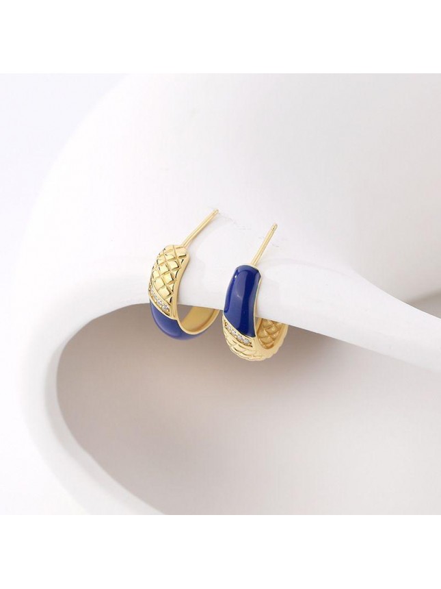 Elegant Blue Epoxy CZ C Shape Rhombic Pattern 925 Sterling Silver Hoop Earrings