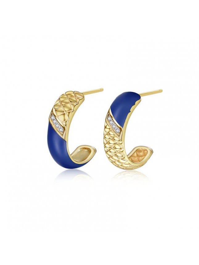 Elegant Blue Epoxy CZ C Shape Rhombic Pattern 925 Sterling Silver Hoop Earrings