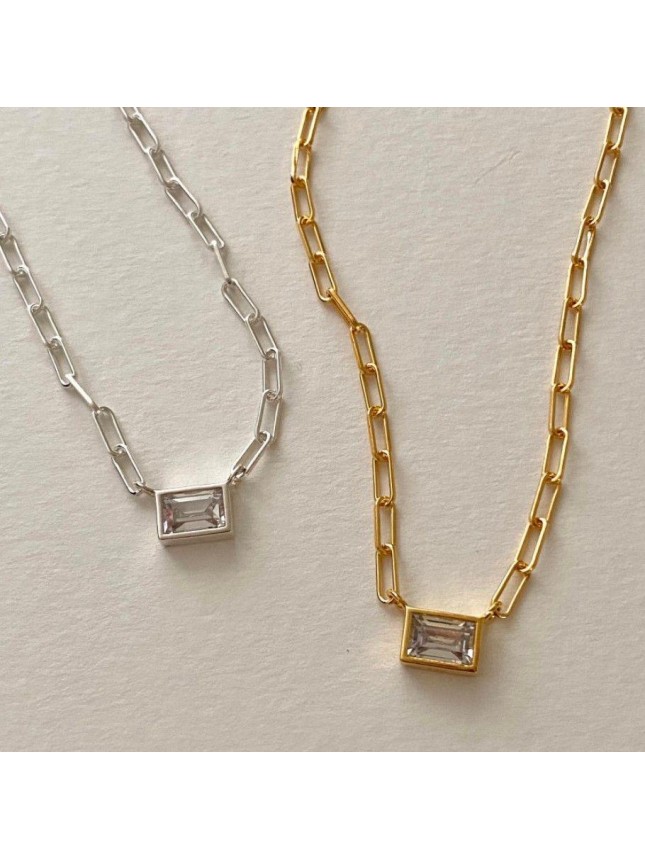 Geometry Rectangle CZ Hollow Chain 925 Sterling Silver Necklace