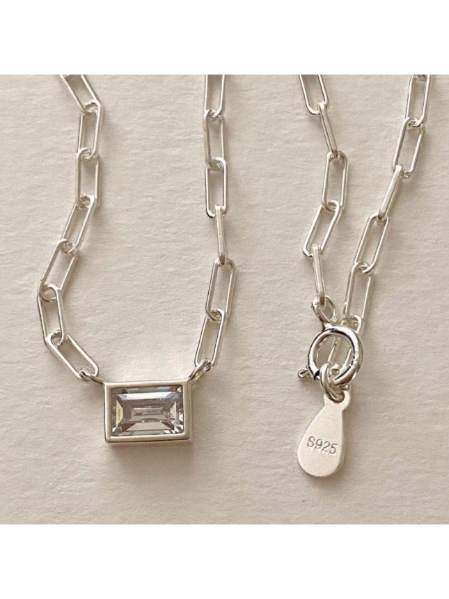 Geometry Rectangle CZ Hollow Chain 925 Sterling Silver Necklace