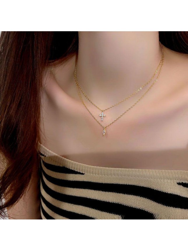 Fashion Double Layers Oval CZ Cross Curb Chain 925 Sterling Silver Necklace
