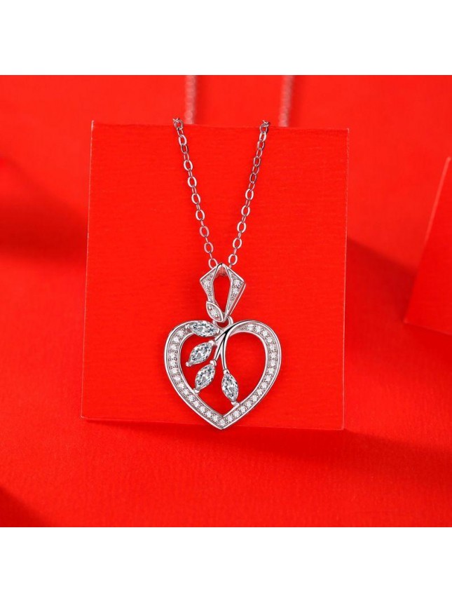Women Moissanite Hollow Heart Leaves 925 Sterling Silver Necklace