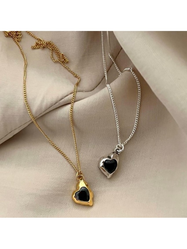 Party Black CZ Heart 925 Sterling Silver Necklace