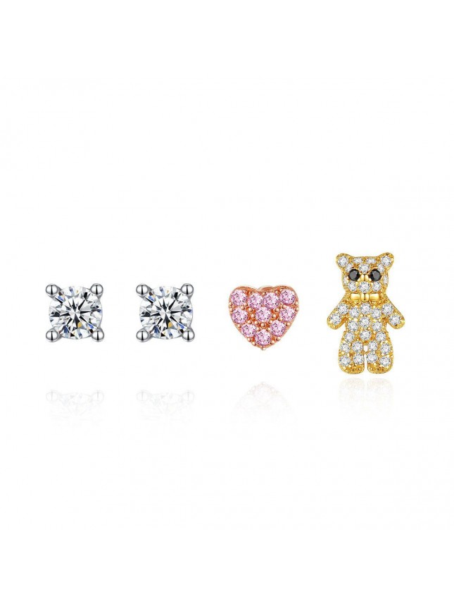 Cute Asymmetry CZ Heart Bear 925 Sterling Silver Stud Earrings Set